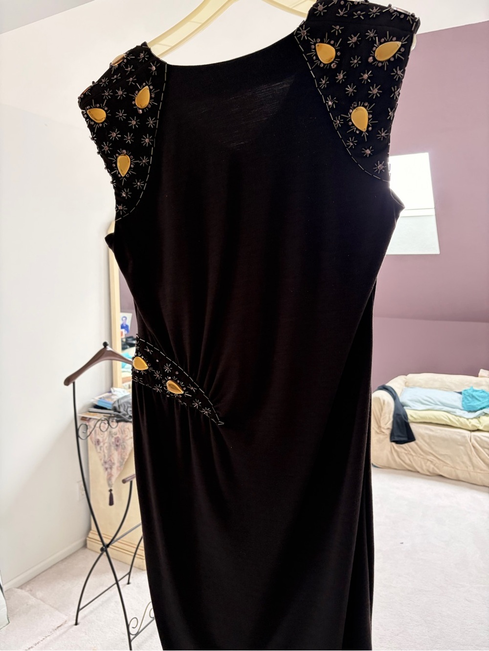 Escada Black Maxi Dress with Gold Teardrop Accents